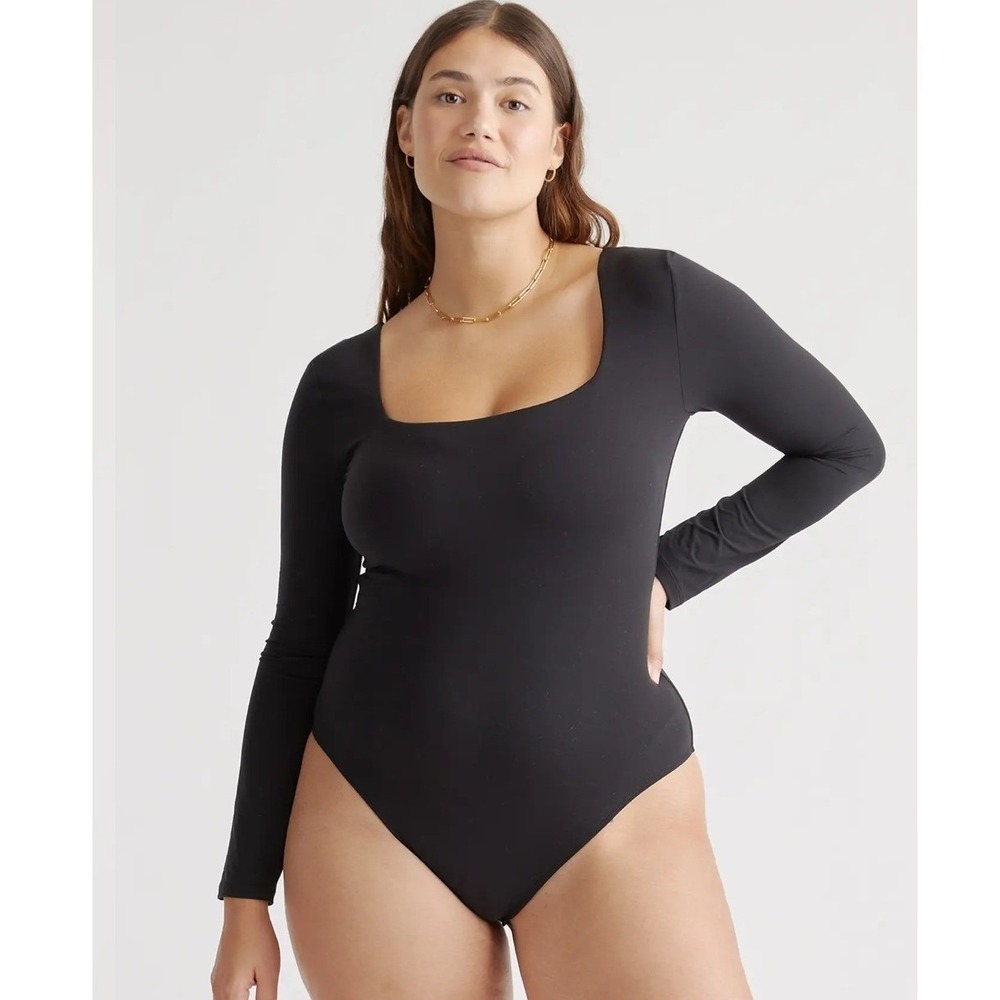 Quince Second Skin Black Stretch Long‎ Sleeve Square Neck Bodysuit Black Medium